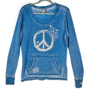 Zen by J. America Thermal Top Womens Large Peace Sign Blue Acid Wash Waffle Knit
